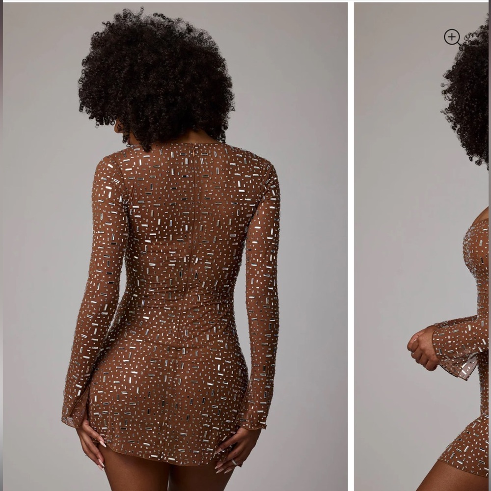 Oh Polly Brown Long-Sleeve Mini Dress with Silver Embellishment - Picture 3 of 9